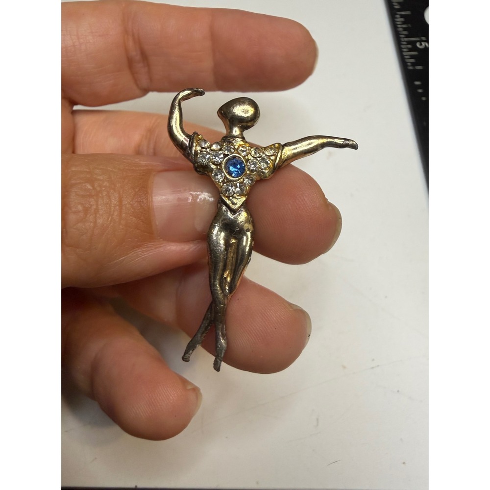 Vintage Ballerina Brooch Silver Tone Rhinestone Blue Stone Dancer Pin 1.75 Inch